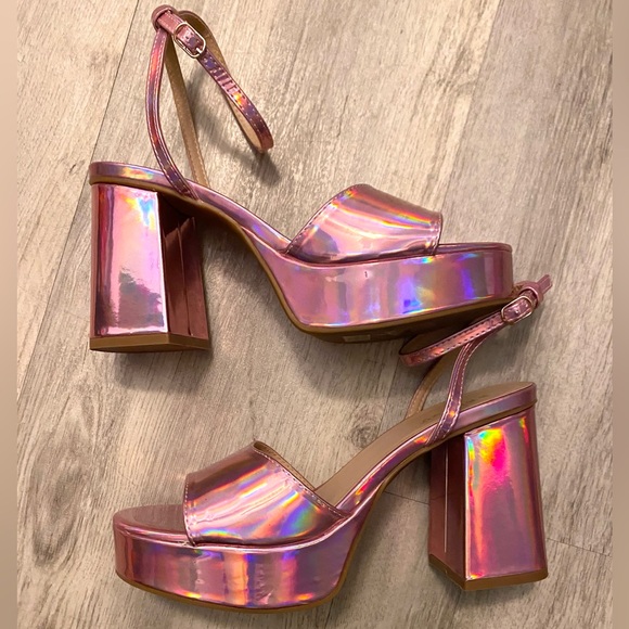 Iridescent Pink Platform High Heels Chrome Metallic Retro Dance Go Go Sz 7.5 - Picture 6 of 15